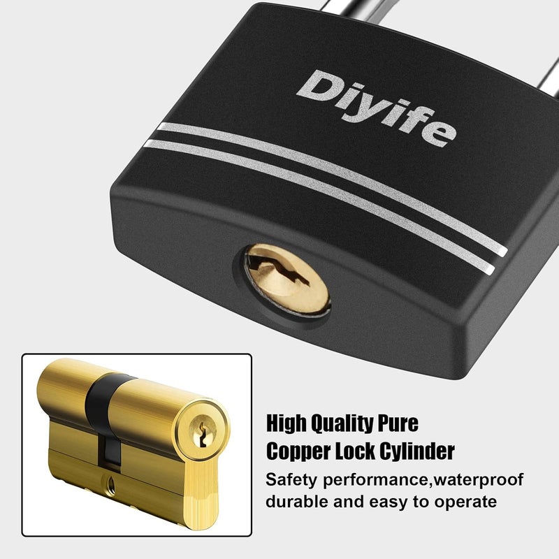 Diyife Padlock with Key, [2 Pack] [Waterproof] Lock with Key, Long Shackle Padlocks for Outdoor Anti-Rust, Small Covered Aluminum Padlock with 4 Alike Keys for Gym Locker, Fence, Shed - Image 3
